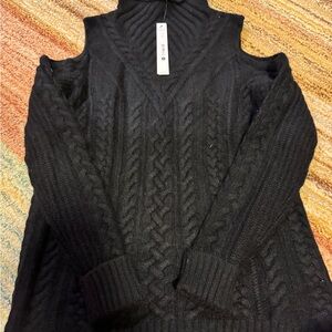 Aqua Black Cowl Neck Cold Shoulder Sweater